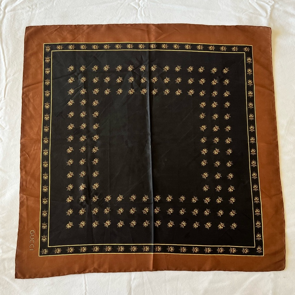 Vintage Gucci Silk Scarf Black and Brown Turtle Motif - Picture 2 of 8